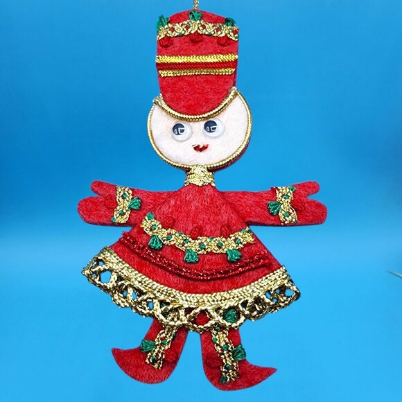 Vintage Red Felt Toy Soldier Ornaments w/ Googly Eyes & Gold Trim 1960s v5 - Picture 4 of 11